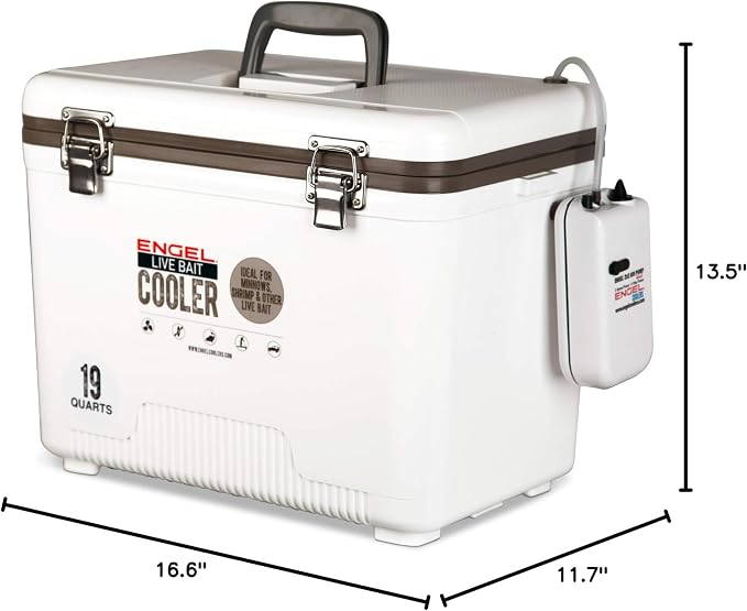 Engel Live Bait Cooler Box with 2nd Gen 2-Speed Aerator Pump - Portable Fishing Station & Minnow Bucket for Shrimp & Other Live Fish with Aerator - ENGLBC-N