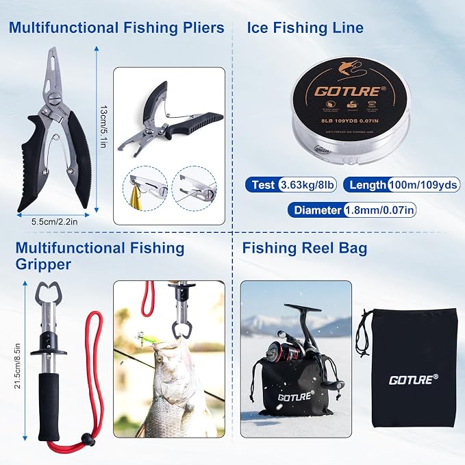 Goture Ice Fishing Rod and Reel Combo with Carry Bag, 24''Medium Spinning Ice Fishing Pole, 58Pcs Jigs & Lures with Storage Box, Line,Fish Gripper, Pliers and Tools for Trout Bass Walleye