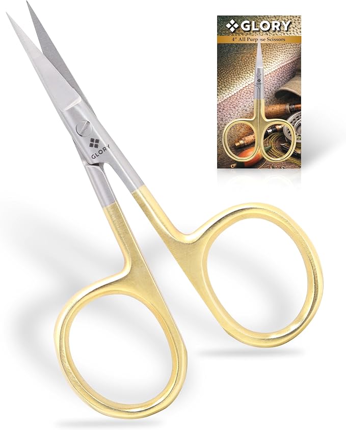 GLORY Fly Tying All Purpose Scissors - 4 Inch Razor Sharp Hair Scissors with Gold Loops - Stainless Steel Fishing Scissors for Flies, Lures, Straight Arrow Tip Shears