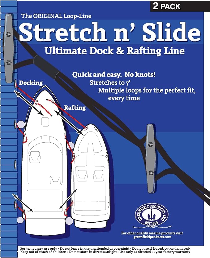 Stretch 'n Slide Bungee Dock Lines, 2 Pack, Stretches to 7ft with Adjustable Loops, Ideal for Docking or Rafting, Boats, Jetskis, PWC. Boat Dock Lines with Loop.