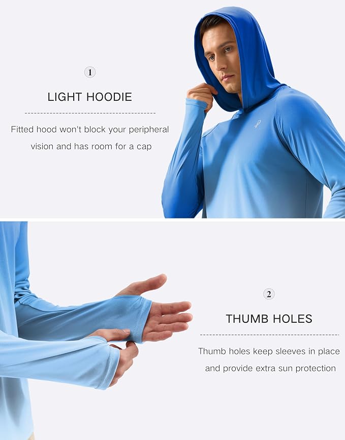 Pudolla Men's Sun Protection Hoodie Shirts UPF 50+ Rash Guard SPF Long Sleeve Fishing Shirt for Men Swim Hiking Boating