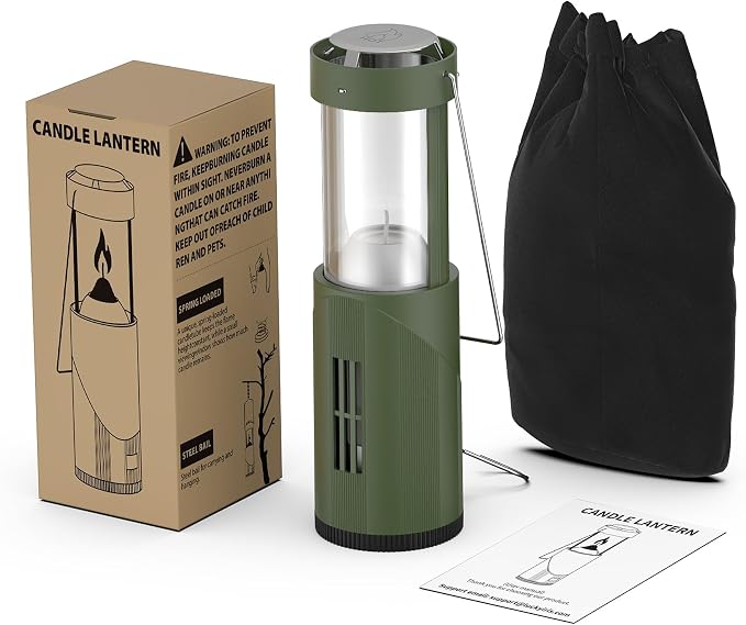 15Hour+ Long Burning Mini Candle Lantern for Real Candles, Outdoor Camping Emergency Lighting, Portable Survival Lantern for Power Outages w/ Storage Bag - Green, 1Pack