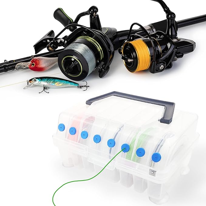 Aventik Clear Fishing Line Organizer Built-in Cutter & Silicone Holes 6C/8C Clear Tangle Free Spool Storage Box for Fishing Line Management