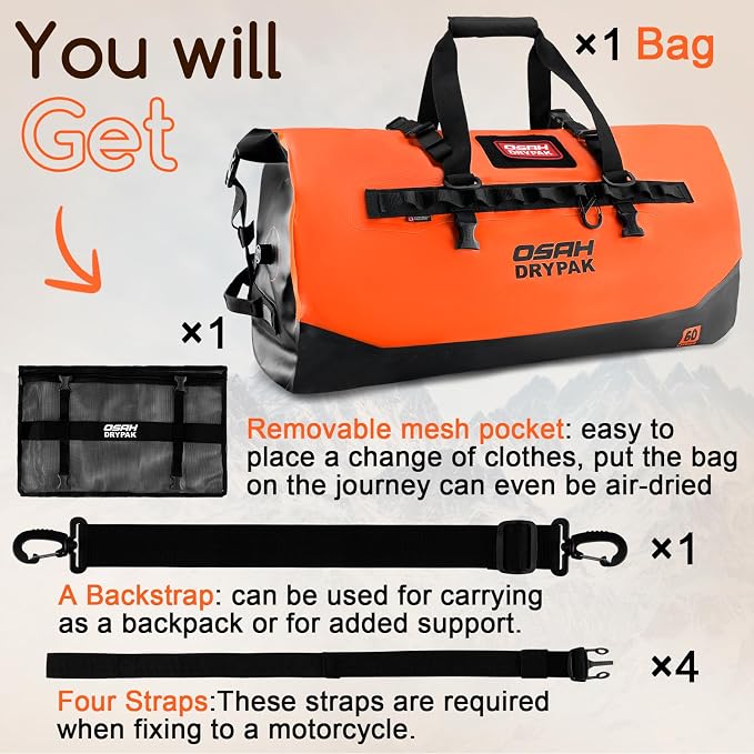 OSAH DRYPAK Waterproof Duffel Bag 25L/40L/60L β Heavy-Duty Motorcycle Tail Bag, Roll-Top Dry Bag for Travel, Camping, Boating, Kayaking, Outdoor Adventure