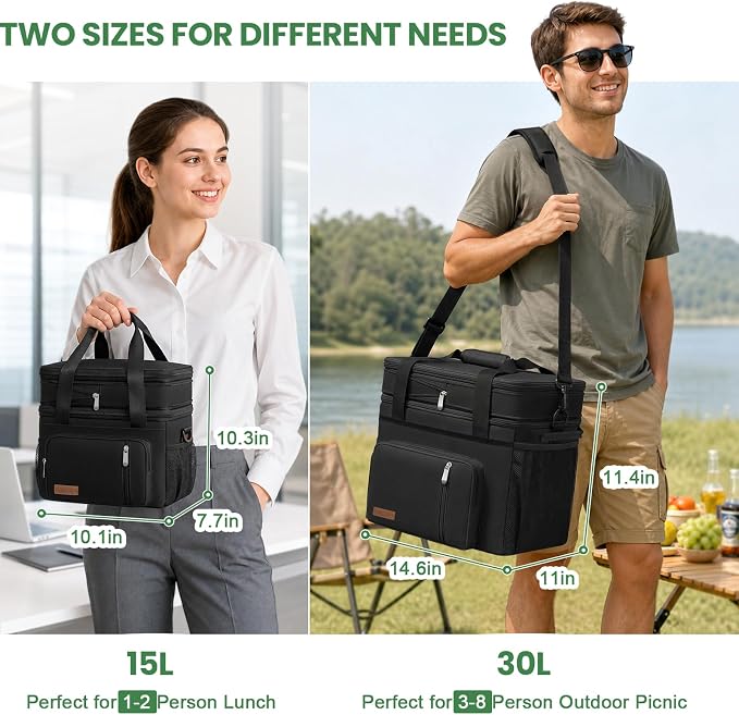 MIYCOO Lunch Bag & Lunch Box for Women Men, Double Deck Leakproof Insulated Soft Large Adult Camping Cooler bag for Work, Beach, Picnic, Travel (Grey, 15L)