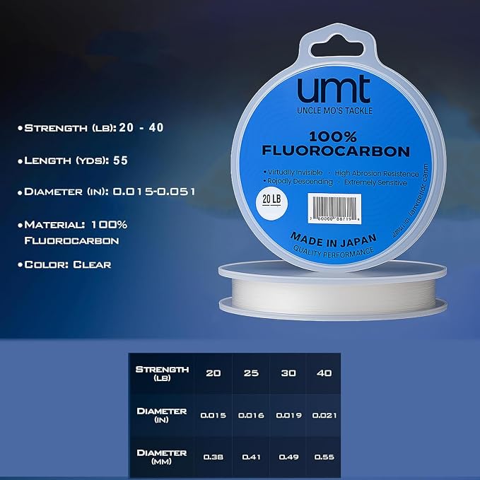 UMT Ghost Fluorocarbon Fishing Line Invisible Leader for Saltwater and Freshwater 20lb, 30lb, 40lb Options 55 Yards Abrasion Resistant, Ultra Durable