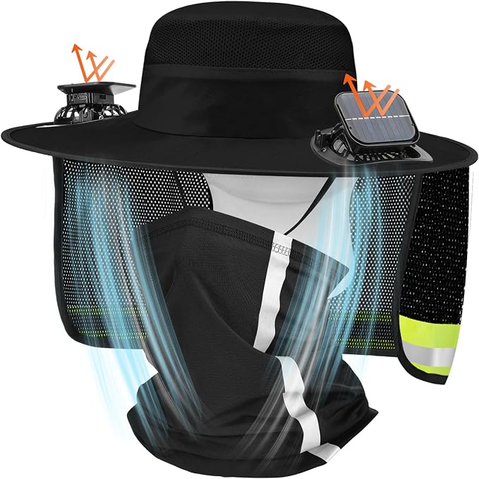 Solar Hat with Fans, Wide Brim Cooling Sun Hat with Removable Dual Fans USB Charging Neck Cover for Outdoor Fishing