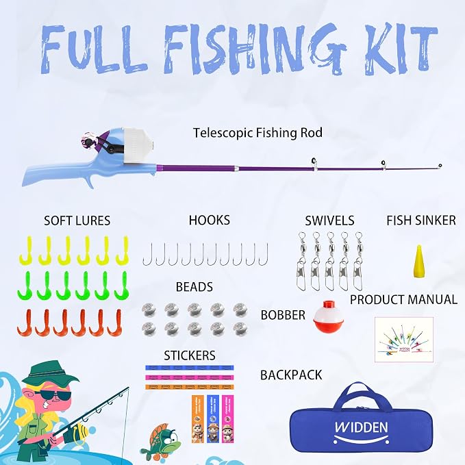 Kids Fishing Pole, Telescopic Fishing Rod, Toddler Collapsible Fishing Rod and Reel Combo with Tackle Box, Fishing Line, Bobber, and Soft Lures for Boy, Girl, Youth, Beginner, Over 4 Years Old