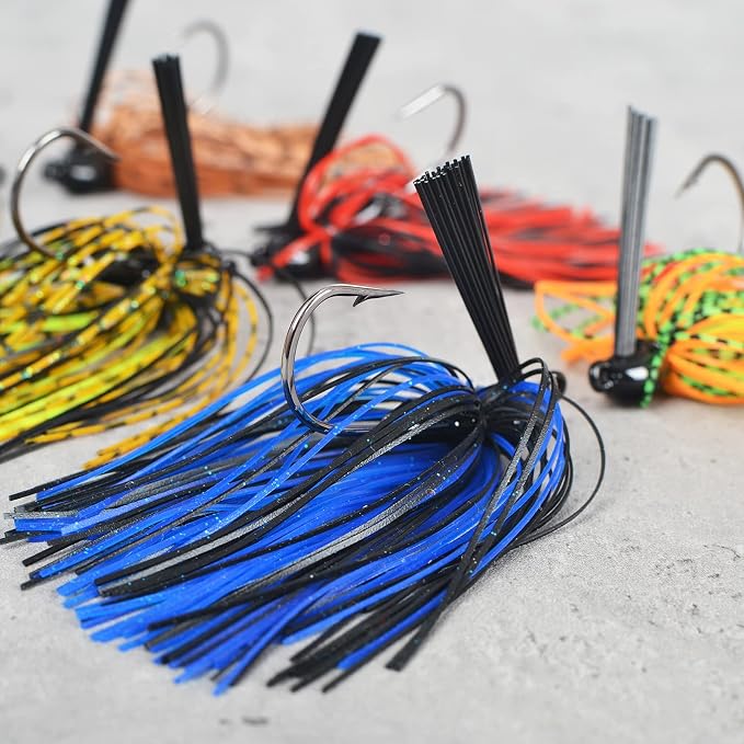 Fishing Jig with Weed Guard 3/8 oz Silicone Skirt Fishing Lures for Bass Perch Multi-Color Pack of 6