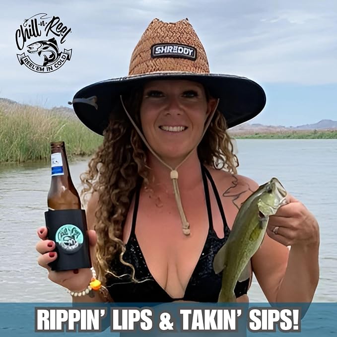 Made in USA | Fishing Can Cooler from Shark Tank | Hard Shell Drink Holder with Hand Line Reel | Fits Most Can Sleeves or Coozies | Unique Fishing Gift for Men | Retail Box Packaging | Black