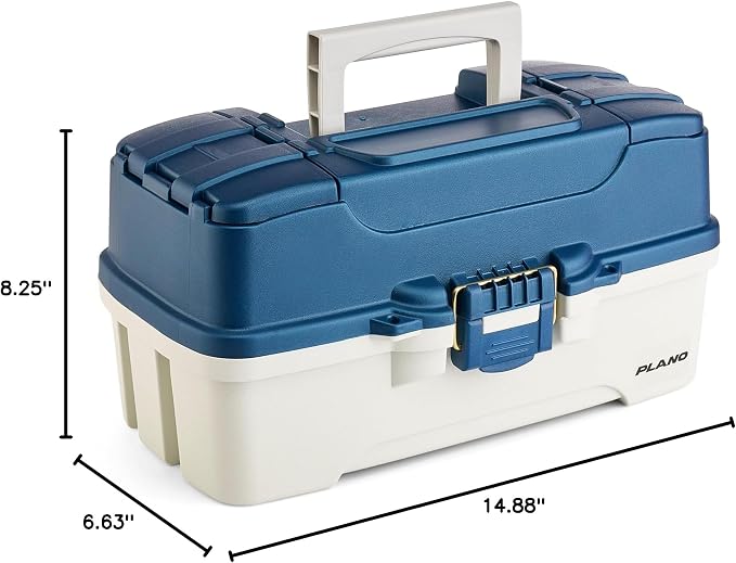 Plano Three-Tray Tackle Box Striper Kit, Blue/Grey, Rust-Proof Brass Latch, Top-Access Tray Compartments with Deep Storage, Made in the USA, Portable Fishing Gear Storage Organizer