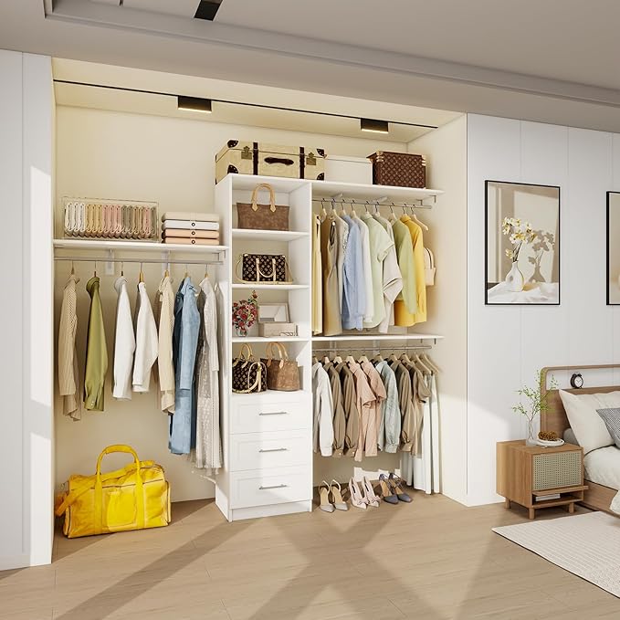 Closet System with Drawers, 5FT-8FT Closet Organizer System with Shelves & Adjustable Hanging Rods, 96" Walk in Closet System Storage Wood, White