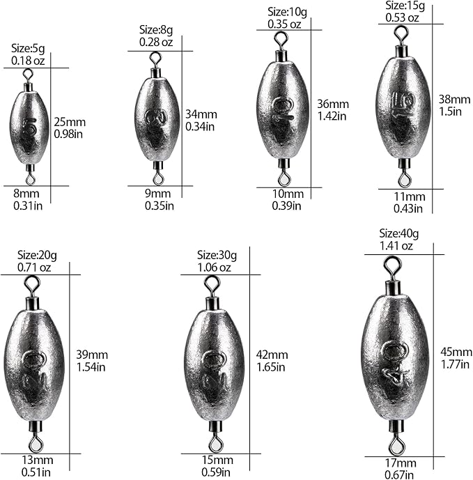 THKFISH Fishing Weights Inline Weights Trolling Sinkers Swivel Weights Quick Set Up Lead Fishing Sinker with Inner Swivel