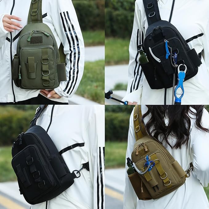Fishing Sling Bag - Small Fishing Tackle Storage Bags with Rod Holder((Black)
