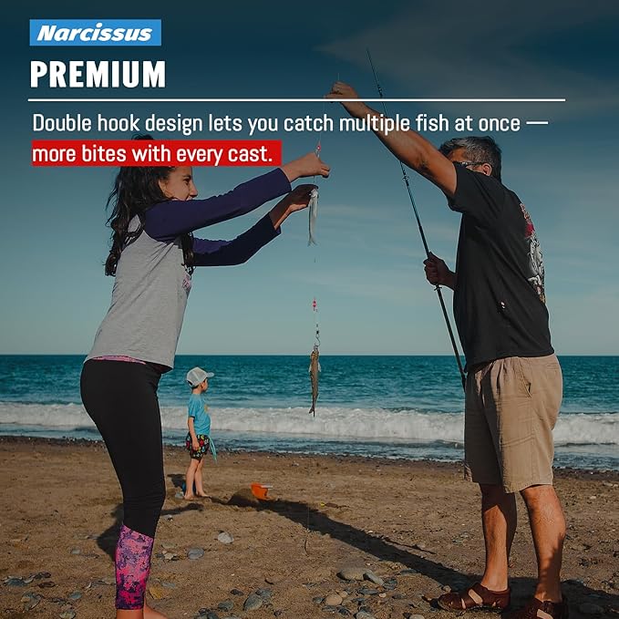 Narcissus Double Drop Saltwater Fishing Rig – Mono 2 Hook Bottom Rigs with Swivels & Snaps, Pre-Tied Surf Pier Boat Leader Line for Snapper, Bass, Mackerel, Catfish