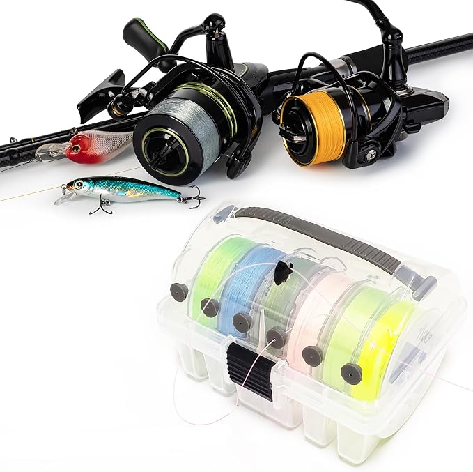 Aventik Clear Fishing Line Organizer Built-in Cutter & Silicone Holes 6C/8C Clear Tangle Free Spool Storage Box for Fishing Line Management