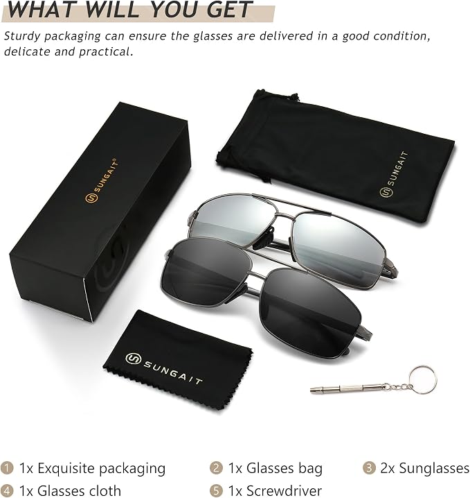 SUNGAIT Ultra Lightweight Rectangular Polarized Sunglasses Men UV400 Protection