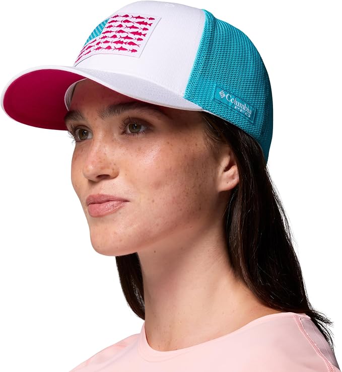Columbia Unisex PFG Fish Flag Mesh Ball Cap, White/Guava Pink/Fish Flag, L/XL