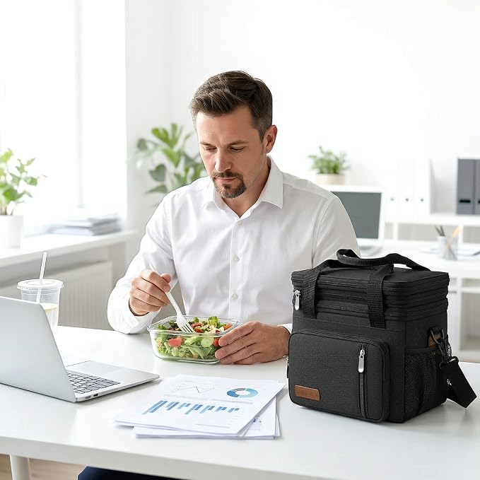 MIYCOO Lunch Bag & Lunch Box for Men Women, Double Deck Leakproof Insulated Soft Large Adult Camping Cooler bag for Work, Beach, Picnic, Travel (Black, 15L)