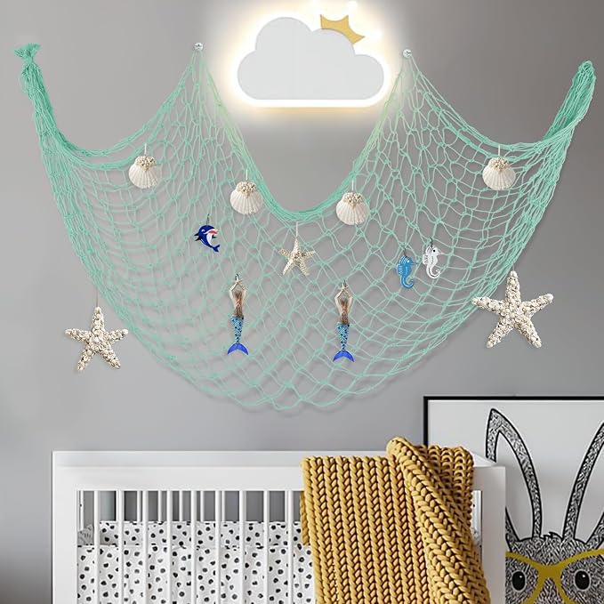 2 Pack Decorative Fishing Net, 80x40 Inch Green Cotton Fish Net Decor for Nautical Mermaid Pirate Hawaii Beach Ocean Under The Sea Themed Party, Hanging Plush Toys, Drape Tables, Wall Picture Display
