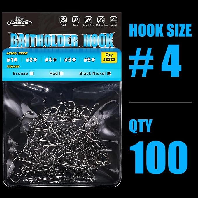 Baitholder Fishing Hooks 100 Pack - Double-Barbed Long Shank for Bluegill Bass Trout Walleye Black/Red, 8/0-#8