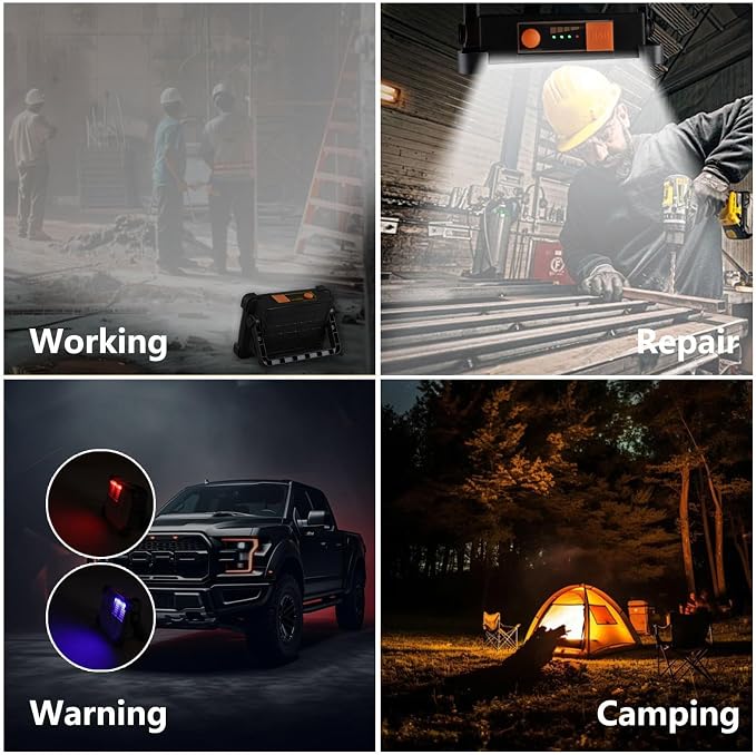 120W Solar Rechargeable Work Light, 144 LED Portable Flood Light with Stand, IP66 Waterproof 4 Modes LED Job Site Lighting Flashlights for Mechanic Camping Fishing Car Repair(Black 1 Pack)