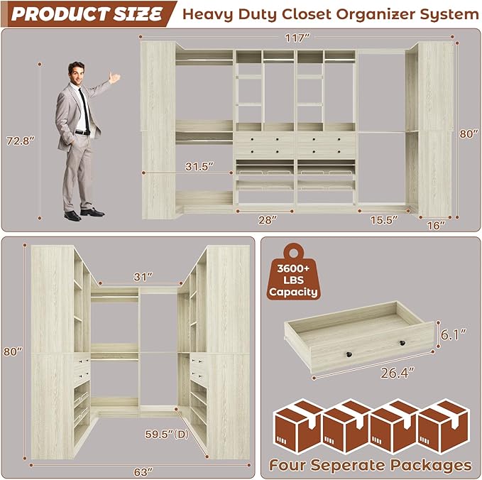Closet System with 4 Drawers & Corner Tower, Closet Organizer System with 4 Hanging Robs, Reversible U Shaped Walk-in Closet System, Load 2600+LBS Capacity, Set of 4, Greige Oak