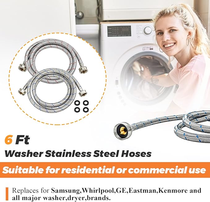 Beaquicy 6 Ft Washer Stainless Steel Hoses Braided Stainless Steel Water Supply Line - Hot and Cold Striped Water Supply Lines for Washing Machine - 2 Pack
