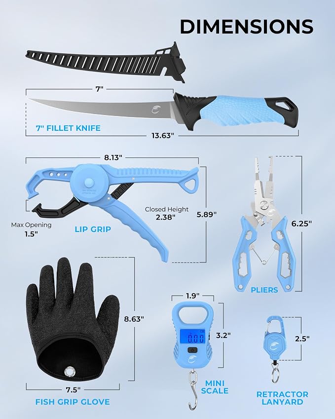Calamus DriftWave Fishing Tool Kit – Corrosion Resistant Pliers, Lip Gripper with Soft Retractable Measuring Tape, Filet Knife, Pocket Knife,Fishing Scale, Retractor & Glove, Fishing Gifts for Men
