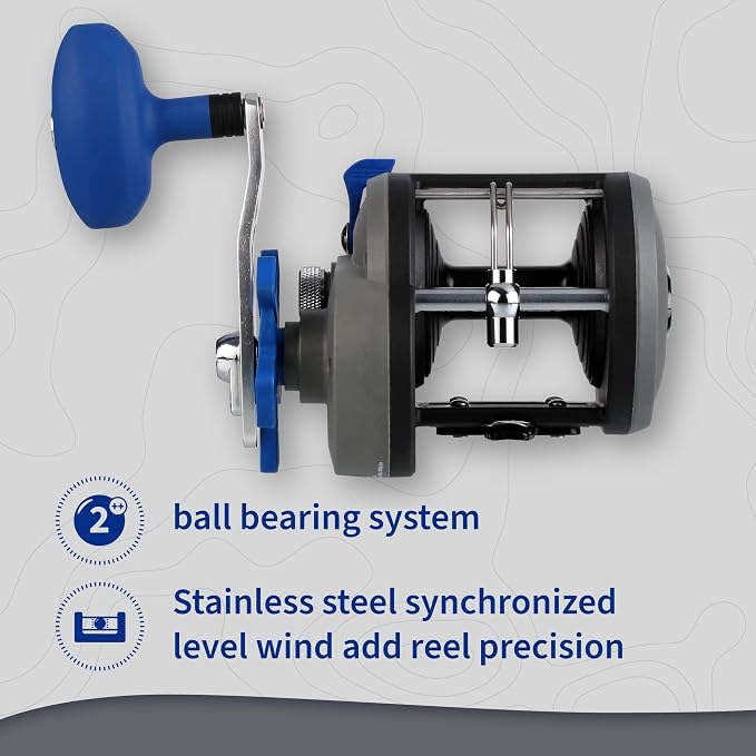 Shakespeare Contender Conventional Fishing Reel, Size 30, Stainless Steel Synchronized Level Wind, On/Off Bait Clicker, 2 Ball Bearing Design