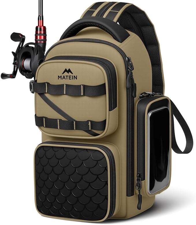 MATEIN Fishing Sling Bag with Lure Rod Holder & Phone Pouch, Waterproof 3600 Tackle Box Backpack with Removable Bait Binder