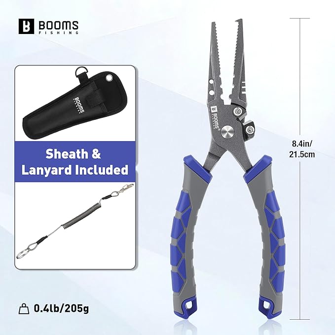 Booms Fishing Multi-Function Pliers Saltwater: 8.5" Carbon Steel Saltwater Fishing Pliers with Hook Remover, Split Ring Tool, Braid Cutters & Crimper for Freshwater & Saltwater Anglers, XW12