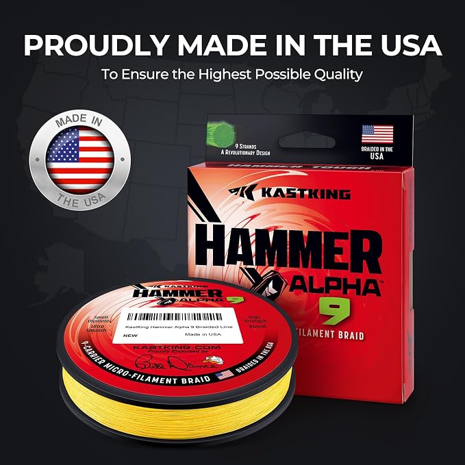 KastKing Hammer Alpha 9 UHMWPE Braided Fishing Line - Made in the USA, Strong and Smooth, Round, 9-Carrier, Colorfast Braided Fishing Line, Perfect for Most Fishing Reel and Finesse Applications