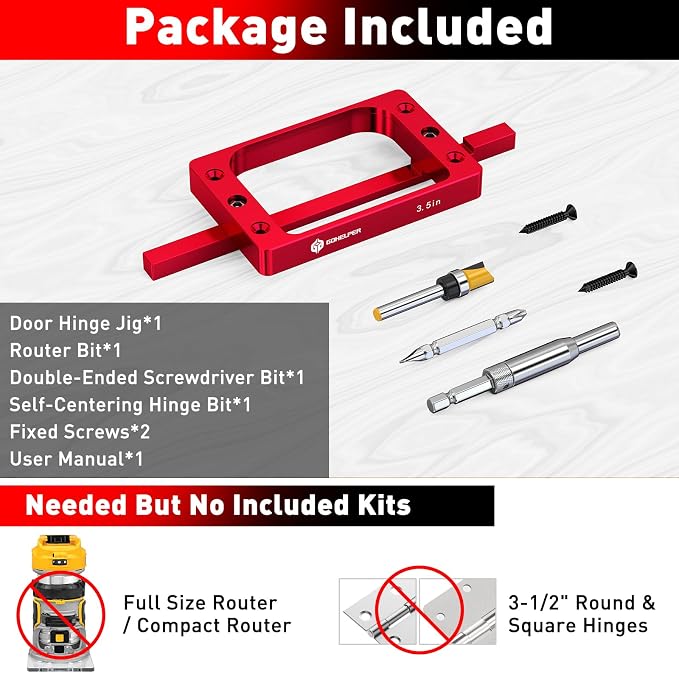 3-1/2" Fixed Size Door Hinge Jig for Door and Jamb, Aluminum Alloy Door Hinge Template Kit for Router, Mortise Jig Fits 3.5" Length 1/4" R, 5/8" R and Square Corner Hinges (3.5 in)