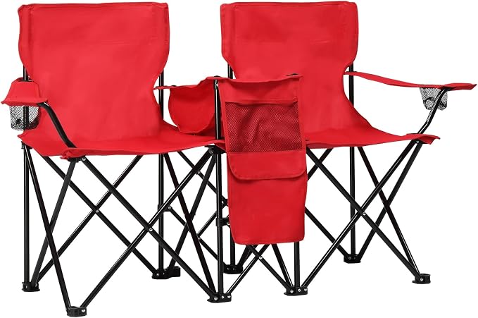Portable Double Folding Picnic Chair with Removable Sun Umbrella and Cooler Bag, 2-Seat Outdoor Camping Chair with Cup Holders & Carrying Bag for Beach, Fishing, Patio, Red