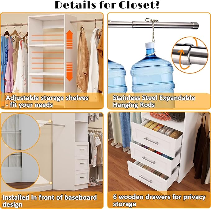 Closet System with 6 Drawers, 5.5FT-15FT Closet Organizer System Modular Wood Walk in Closet Storage System with 8 Shelves 8 Expandable Hanging Rods, Wall Mount White