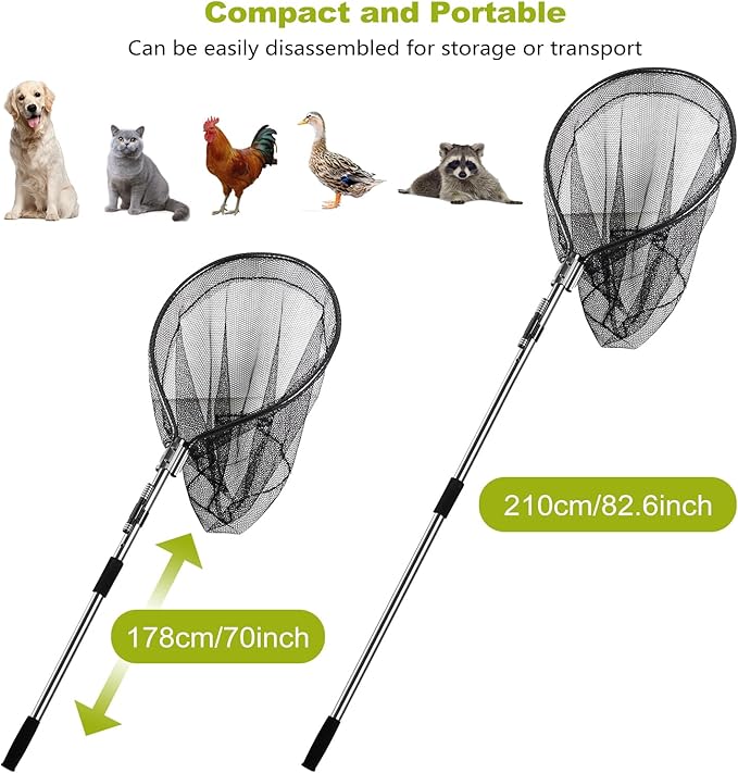 Dog Catch Net Pole, Animal Catching Net, Wildlife Control Tool, Large Fish Landing Net for Chicken Raccoon Duck Goose Bird Skunk Bat Raccoon Guinea Fowl Feral Cat Pigeon Tuna Goat - Heavy Duty