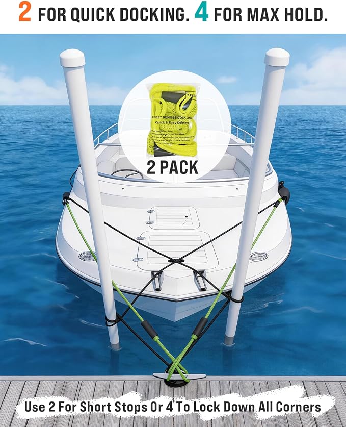 Boat Accessories 4Feet Boat Bungee Dock Lines (2 Pack) with 30cm Extended Loop Shock Absorbing, 316 Stainless Steel Clip & Floating Foam, Mooring Lines for Boats, Jet Ski, Pontoon(Neon Yellow)