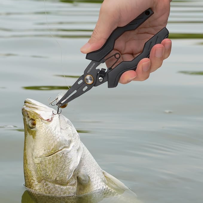 TRUSCEND Easy Use Lockable Fishing Pliers with Tungsten Carbide Cutter, Innovative Ergonomic Handy Handle, Saltwater Corrosion Resistant Teflon Coated Fishing Tool, Light Multi-Function Fishing Gear