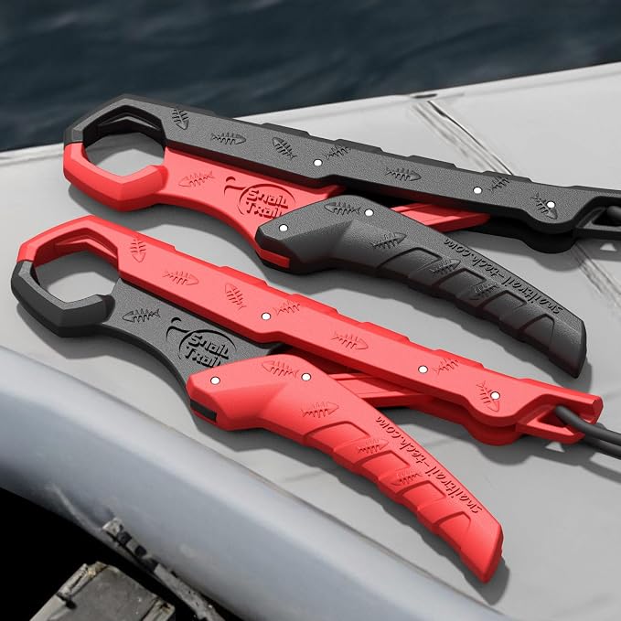 SNAIL TRAIL 7.5'' Floating Fish Gripper, Fishing Grabber, Catfish Mouth Pliers, Caught Bass Holder, Fish Scale Hook Clamp, Saltwater Lip Grip Tool with Lanyard, Gifts for Men, Red-Black