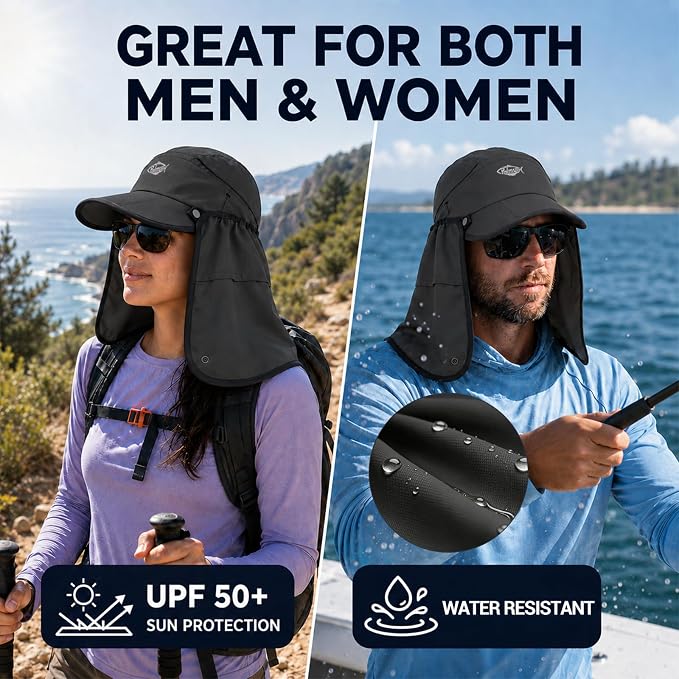 Palmyth Fishing Sun Hat with Detachable Neck Flap UPF 50+ Lightweight Hiking Hats Sunglass Lock Baseball Cap for Men Women