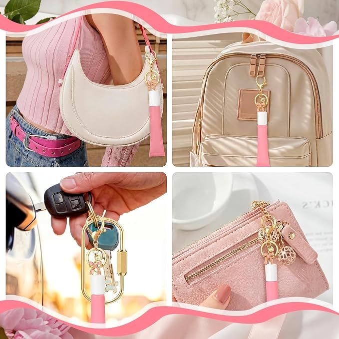Nosiny 12 Pcs Coquette Lip Gloss Cap Keychain Bulk, Lip Balm Cap Keychain for Summer Pink Bow Party Favors for Women Girls Aesthetic Accessories