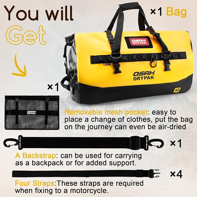 OSAH DRYPAK Waterproof Duffel Bag 25L/40L/60L β Heavy-Duty Motorcycle Tail Bag, Roll-Top Dry Bag for Travel, Camping, Boating, Kayaking, Outdoor Adventure