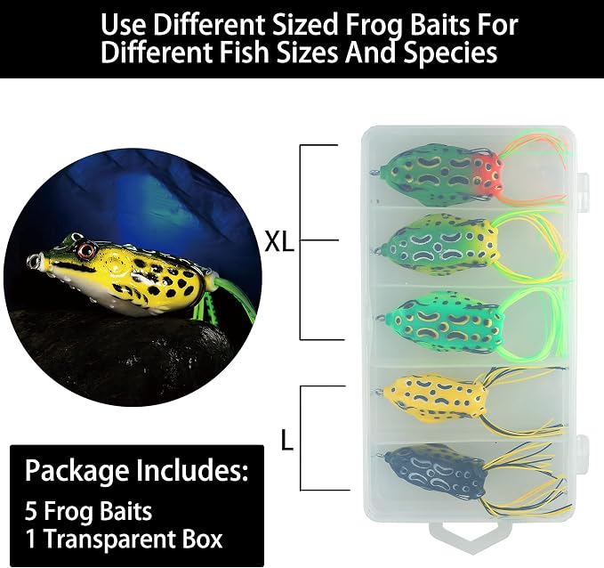 5PCS Topwater Frog Lures Set with Box, Realistic Soft Hollow Body Fishing Lures for Bass Snakehead Pike Bowfin, Weedless Freshwater Simulated Frog Baits
