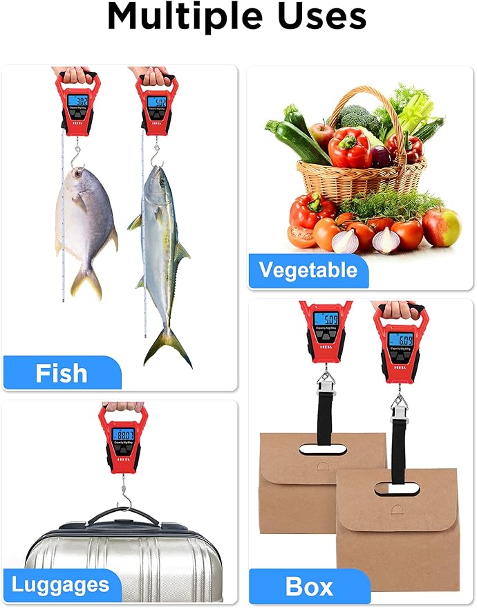 HEETA Waterproof Fish Scale Digital with Backlit LCD Display, 110lb/50kg Portable Hanging Scale Fishing Scale for Home and Outdoor, Measuring Tape and 2 AAA Batteries Included