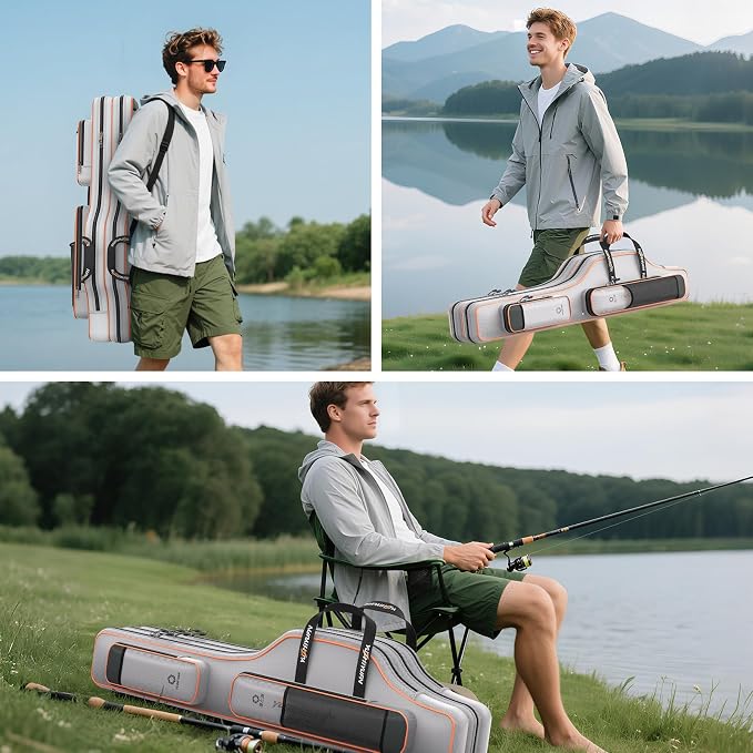 Fishing Rod Case & Bag Triple-Layer - 1680D Oxford, Wire-Reinforced Anti-Deforming, Foldable Portable, Quick-Access Compartments, Fishing Gift for Men Anglers