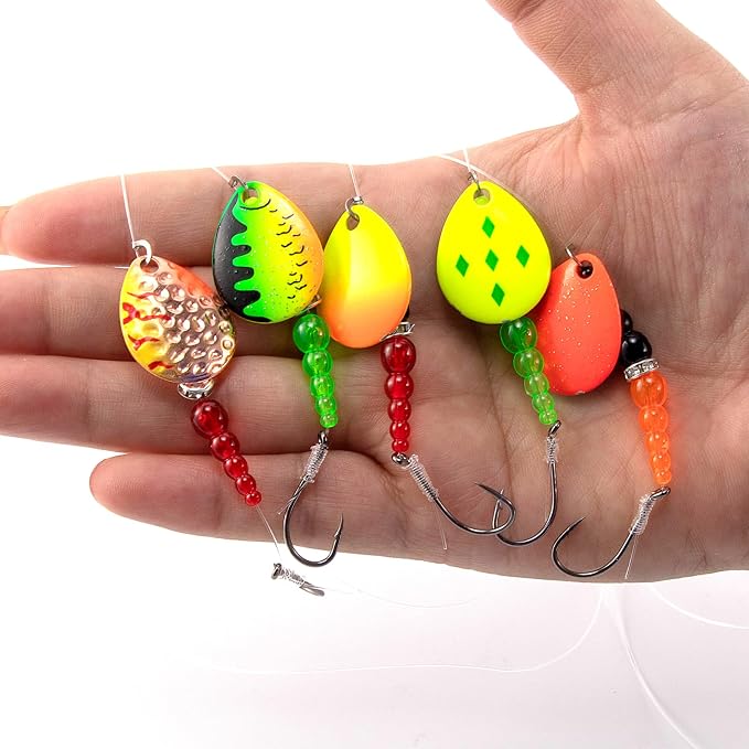 Alwonder 5PCS Walleye Rigs Wedding Ring Fishing Lures, Colorado Blades Stacked Fishing Beads Octopus Hooks Pre-Rigged Bait Rig, Crawler Harness Walleye Kokanee Salmon Spinner Rigs Kit 46IN 30LB Mono
