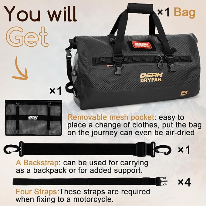OSAH DRYPAK Waterproof Duffel Bag 25L/40L/60L β Heavy-Duty Motorcycle Tail Bag, Roll-Top Dry Bag for Travel, Camping, Boating, Kayaking, Outdoor Adventure