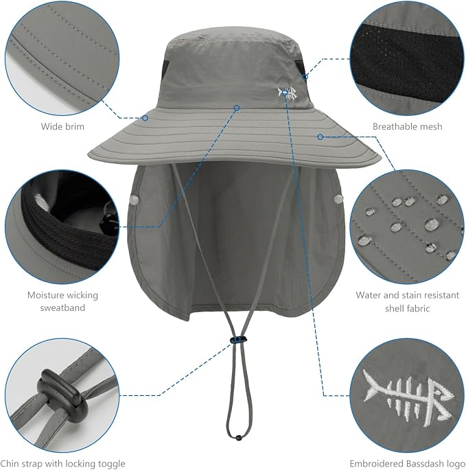 BASSDASH UPF 50+ Breathable Sun Hat with Removable Face Cover and Neck Flap Wide Brim Bucket Hat for Fishing Hiking Men Women
