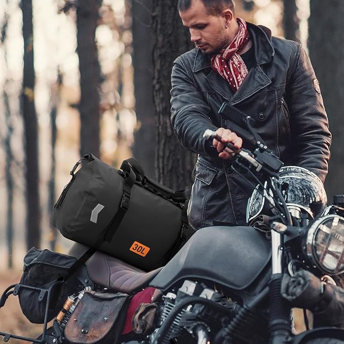 OCKLILY Waterproof Motorcycle Dry Bag, 30L Roll-top Motorcycle Tail Bag with Air Valve & Quick-fixed Straps, Travel Duffle Bags for Kayaking Paddle Boarding Rafting Boating Camping Riding - Black
